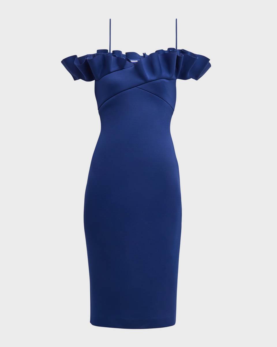 Off-Shoulder Bodycon Ruffle Midi Dress